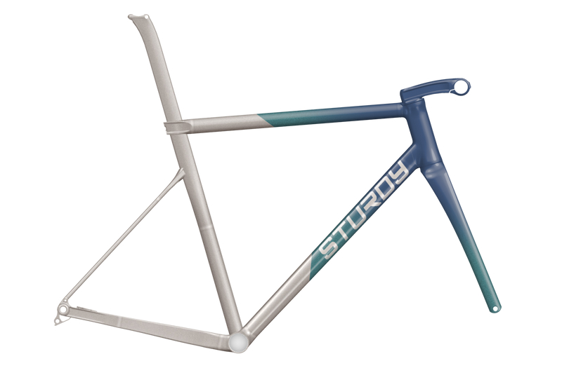 Titanium frameset with a navy front end and fork, a teal fade on the top tube and fork, and Sturdy on the down tube