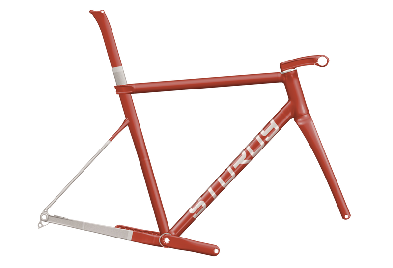 Red frameset and fork with raw titanium bands and Sturdy lettering on the down tube