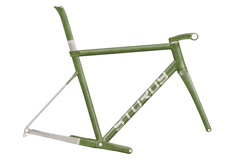 Olive green frameset and fork with raw titanium bands and Sturdy lettering on the down tube
