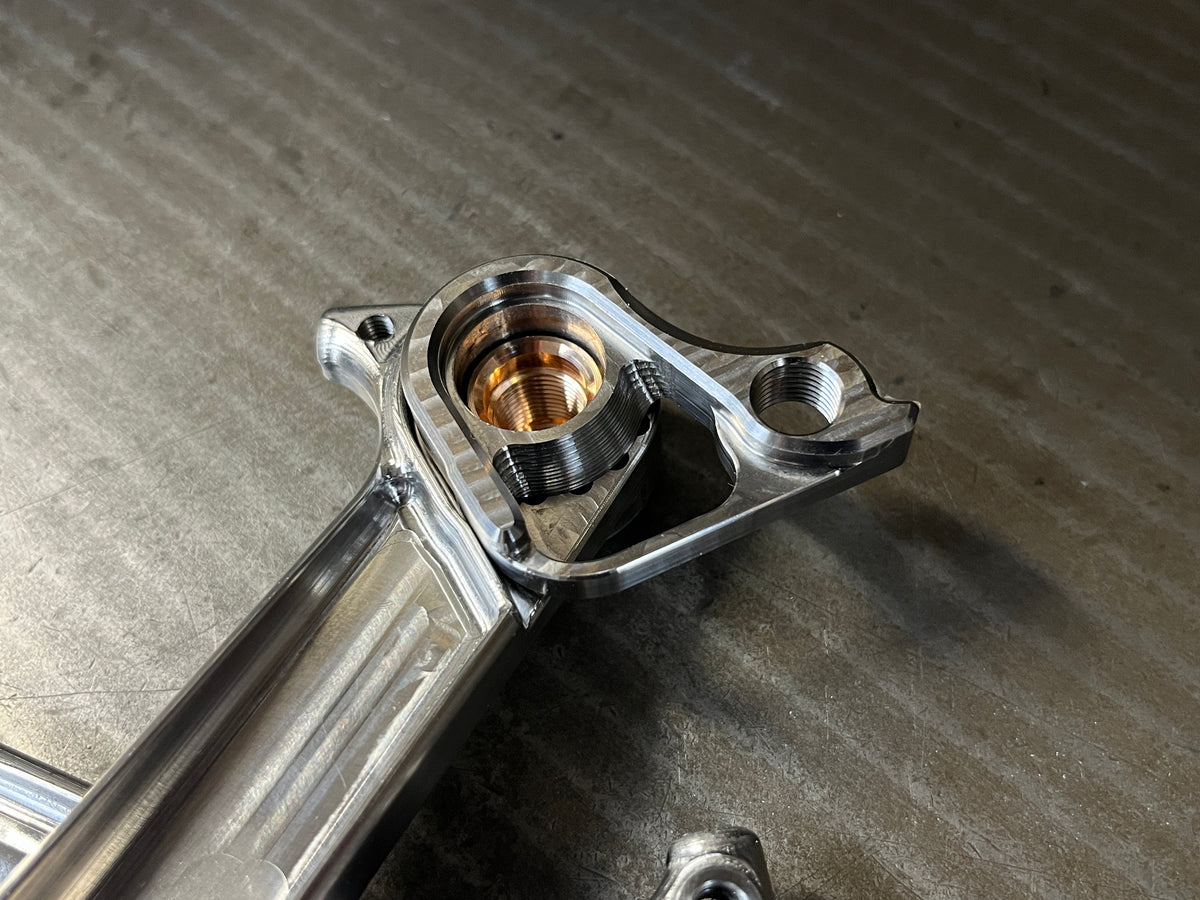 Close-up of a titanium rear dropout with a phosphor bronze axle insert and threaded hanger mount