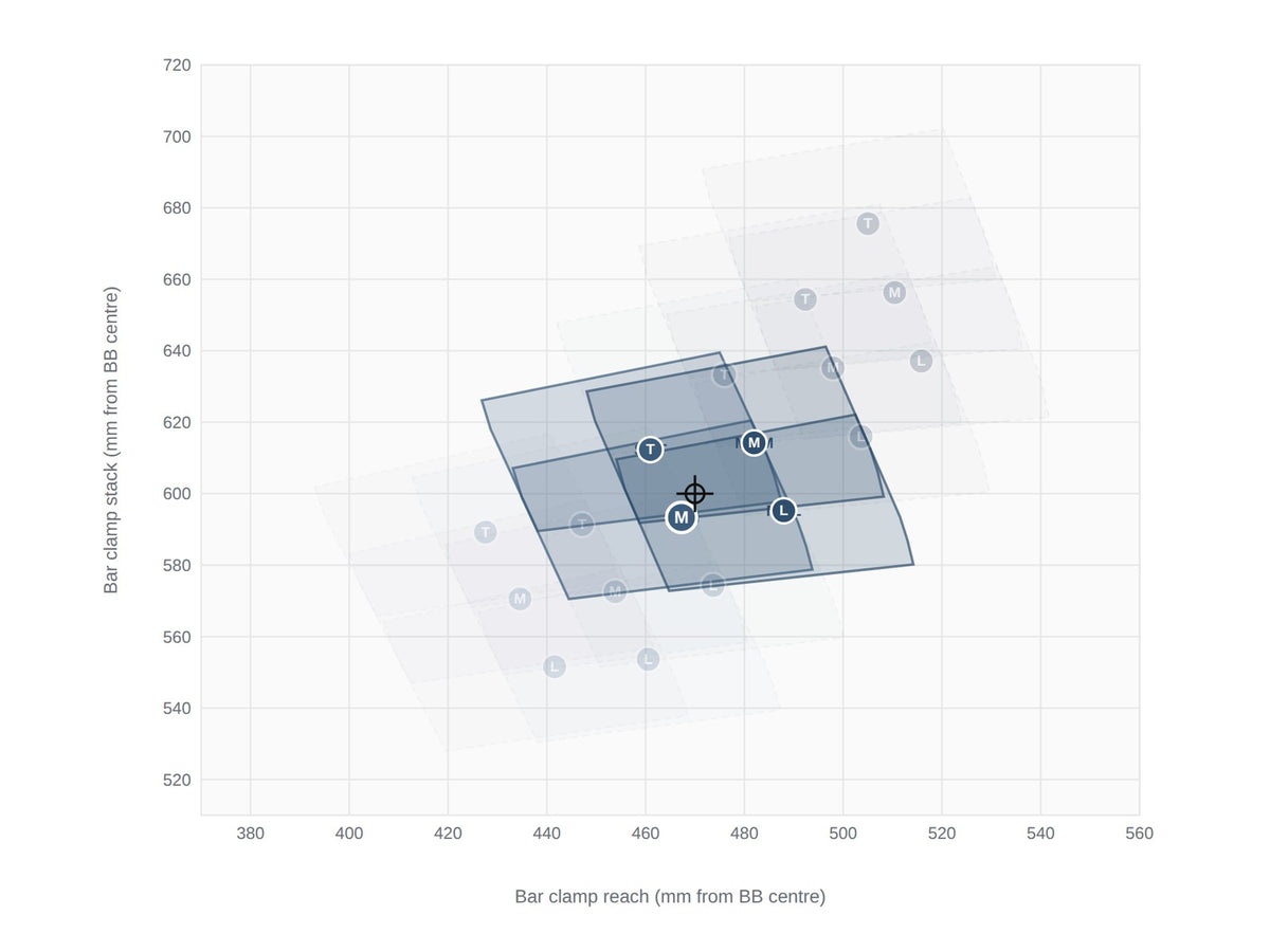 The size selector chart with a rider position plotted