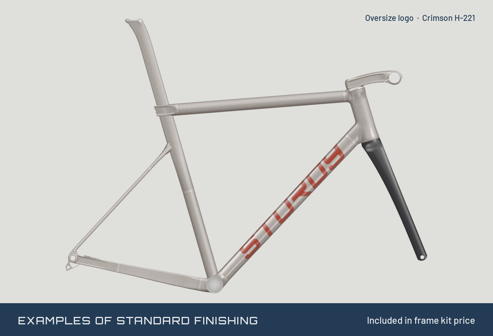 Examples of standard finishing on the frame: oversize and small logo in each standard colour, included in the frame kit price