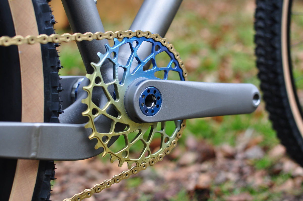 Titanium crank arm with blue-to-gold anodised chainring, gold chain and tan-wall tyres