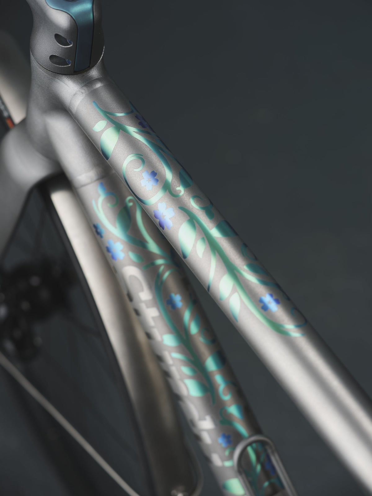 Titanium top and down tubes with anodised green vine and blue flower artwork, dark studio backdrop