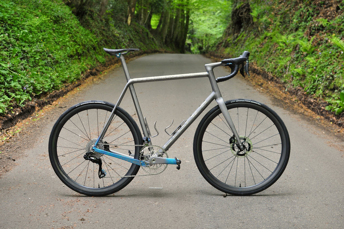 Titanium road bike with a blue fade on the chainstay, standing on a tree-lined sunken lane