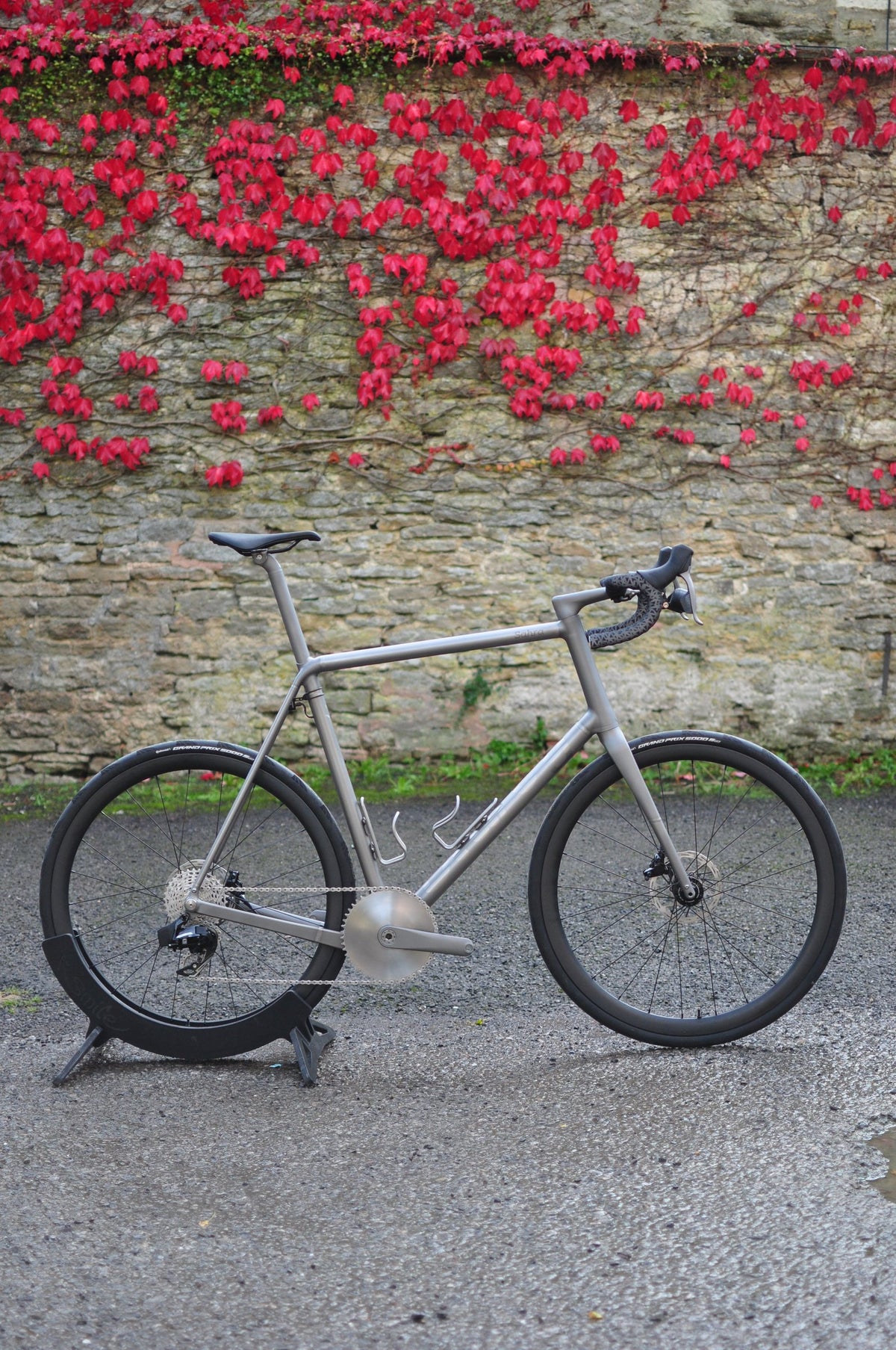 Raw titanium road bike on a wheel stand below a stone wall covered in red autumn ivy