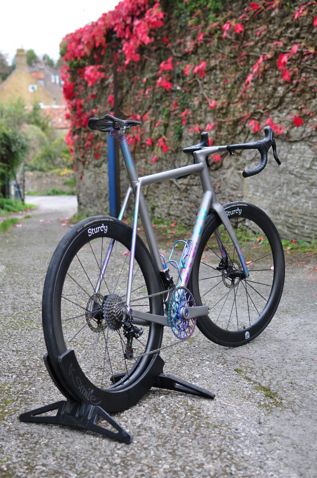 Titanium road bike with rainbow anodised chainring, cages and stays on a wheel stand by red ivy