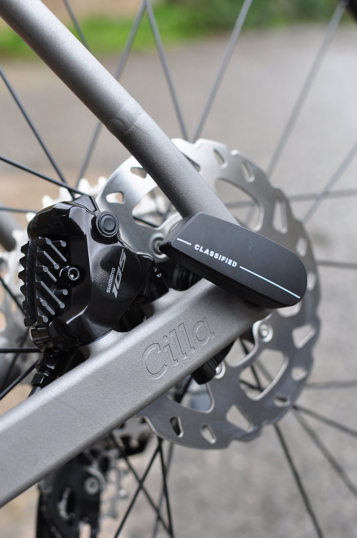Rear disc brake and thru-axle lever on a matt titanium chainstay with embossed lettering