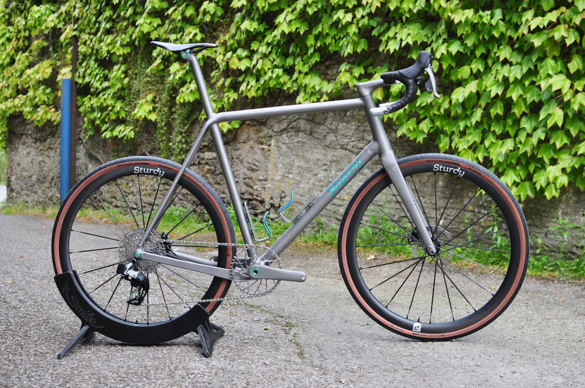 Titanium gravel bike with turquoise Sturdy logo and accents, Sturdy wheels and tan-wall tyres by an ivy wall