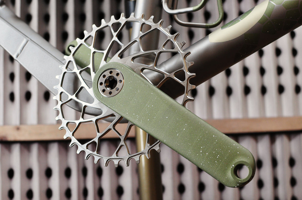 Olive green speckled crank arm with silver web-pattern chainring on a titanium frame