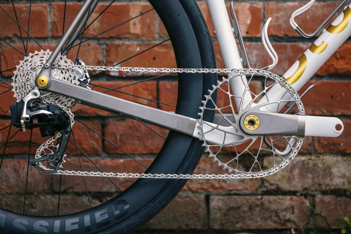 Titanium chainstay with gold bottom bracket bolt, skeletal chainring and white crank against red brick