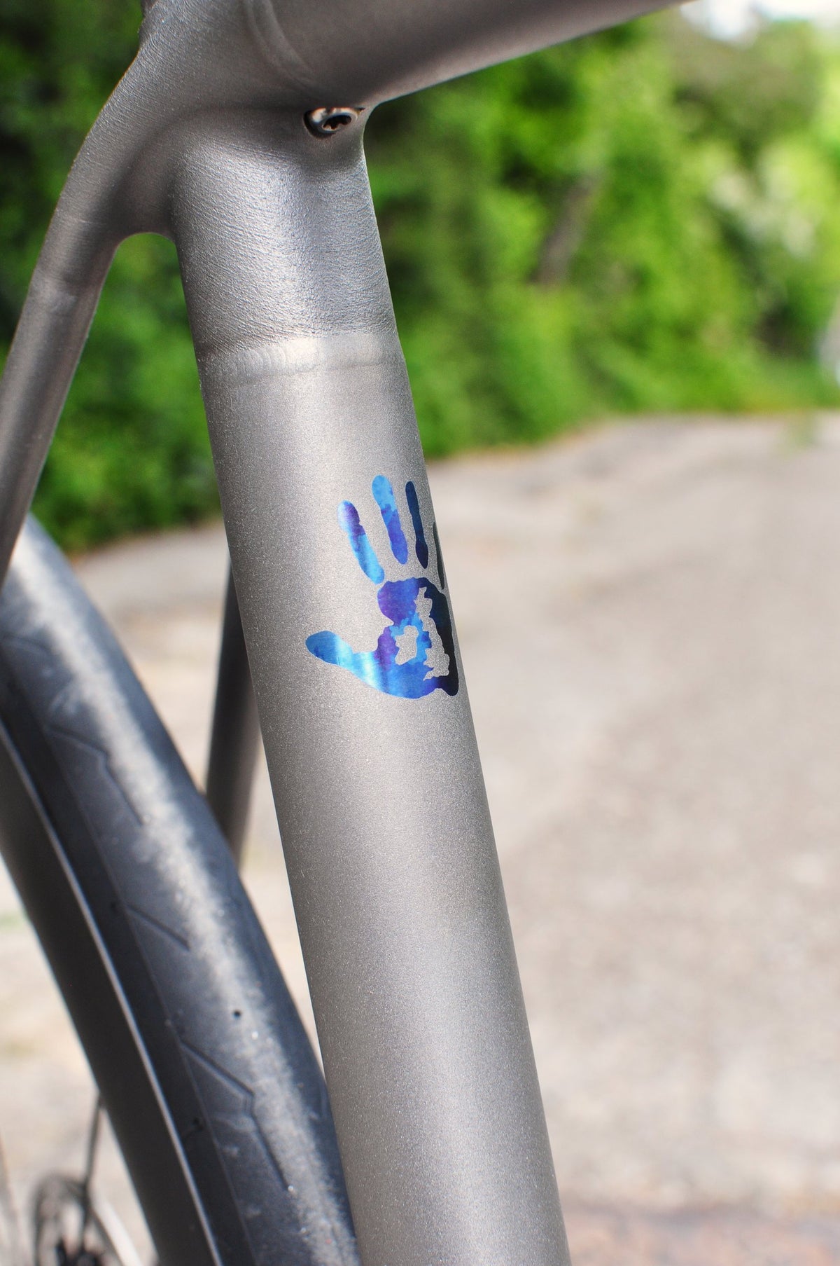 Bare titanium seat tube with a rainbow anodised handprint logo against green trees