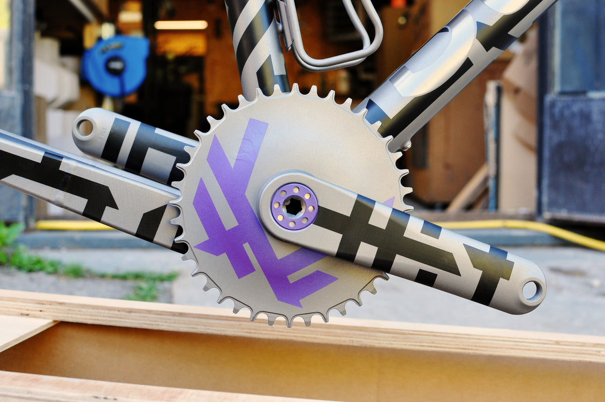Titanium chainring and cranks with black geometric stripes and a purple logo, close-up