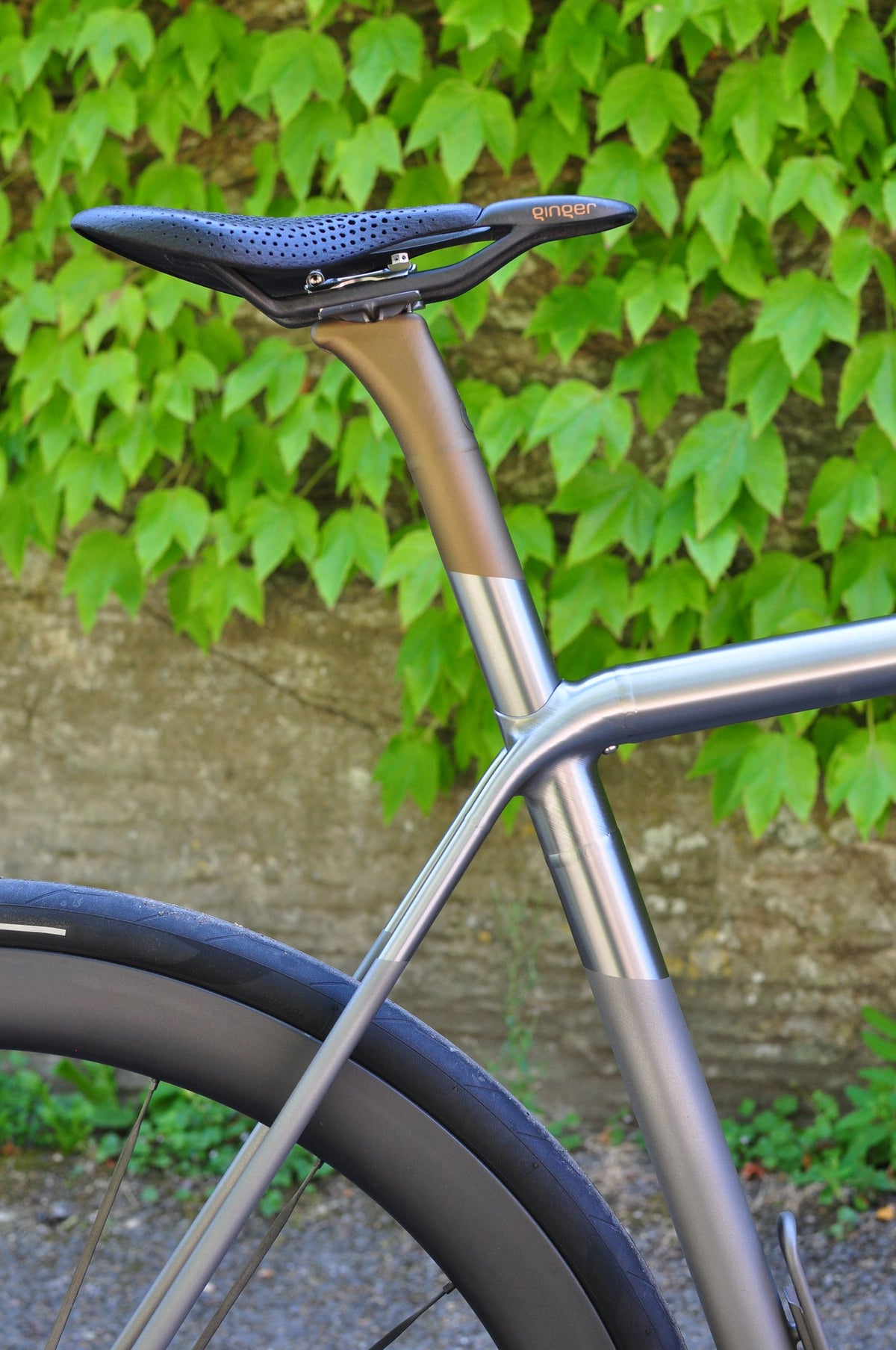 Titanium seatpost and seat cluster with polished and bead-blasted bands against green ivy
