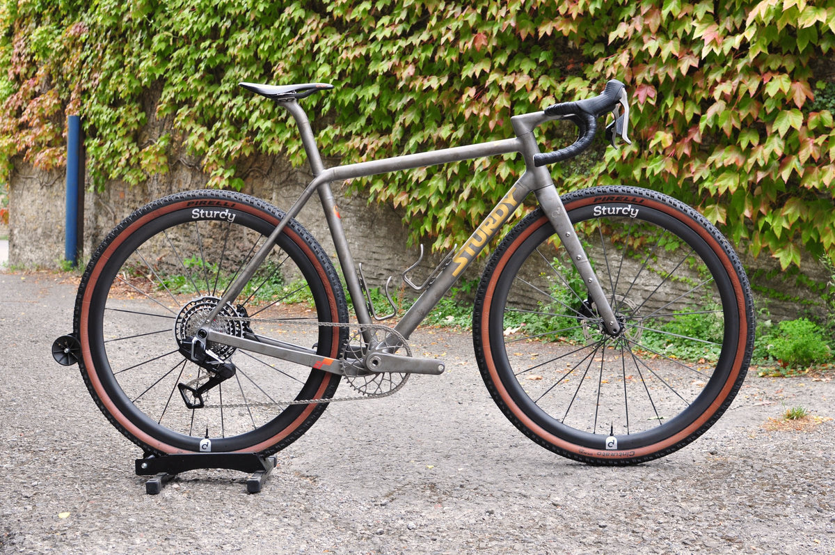 Titanium gravel bike with gold Sturdy logo, tan-wall tyres and Sturdy wheels by an ivy-covered wall