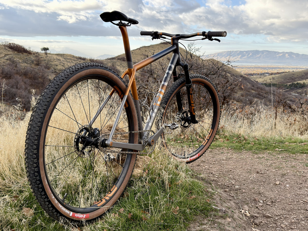 Titanium mountain bike with copper-to-grey fade and tan-wall tyres on a hillside trail above a valley