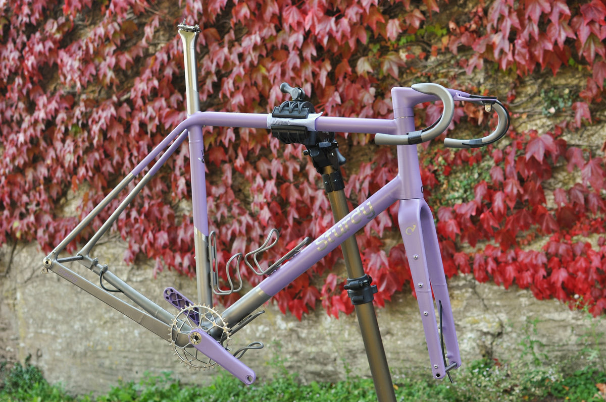 Lilac and bare titanium frameset with matching lilac cranks in a workstand against red autumn ivy